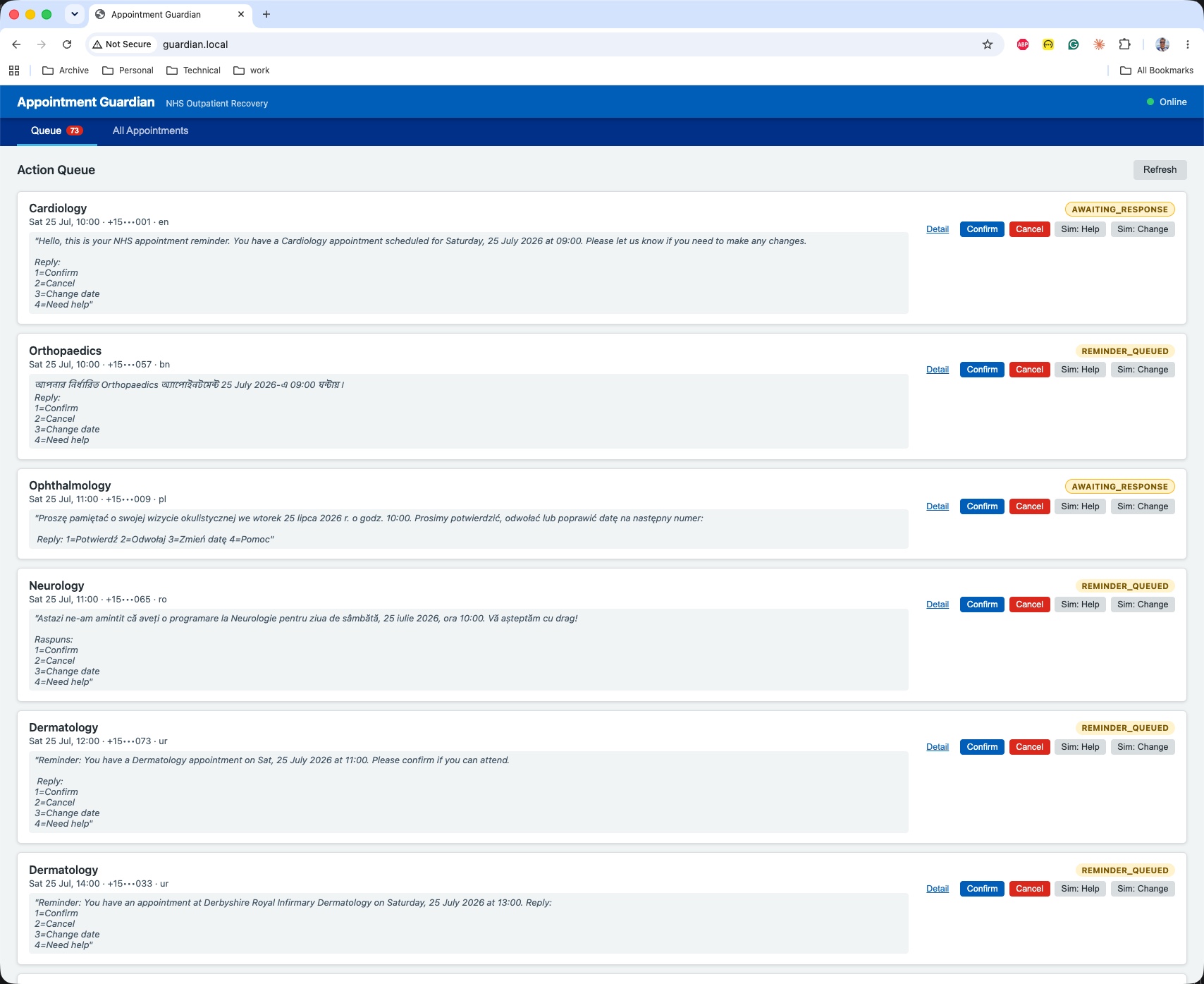 Action Queue showing appointment cards for Cardiology (English), Orthopaedics (Bengali script), Ophthalmology (Polish), Neurology (Romanian), Dermatology (Urdu), each with LLM-generated reminder text and Confirm / Cancel / Sim: Help / Sim: Change action buttons