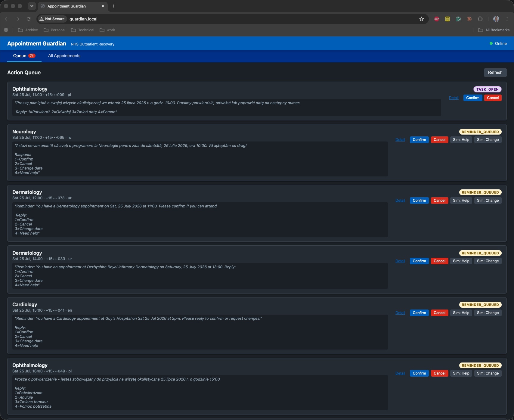 Action Queue — dark mode — with Ophthalmology appointment at top in TASK_OPEN state showing the Polish reminder text; remaining appointments in REMINDER_QUEUED. Queue badge shows 71.