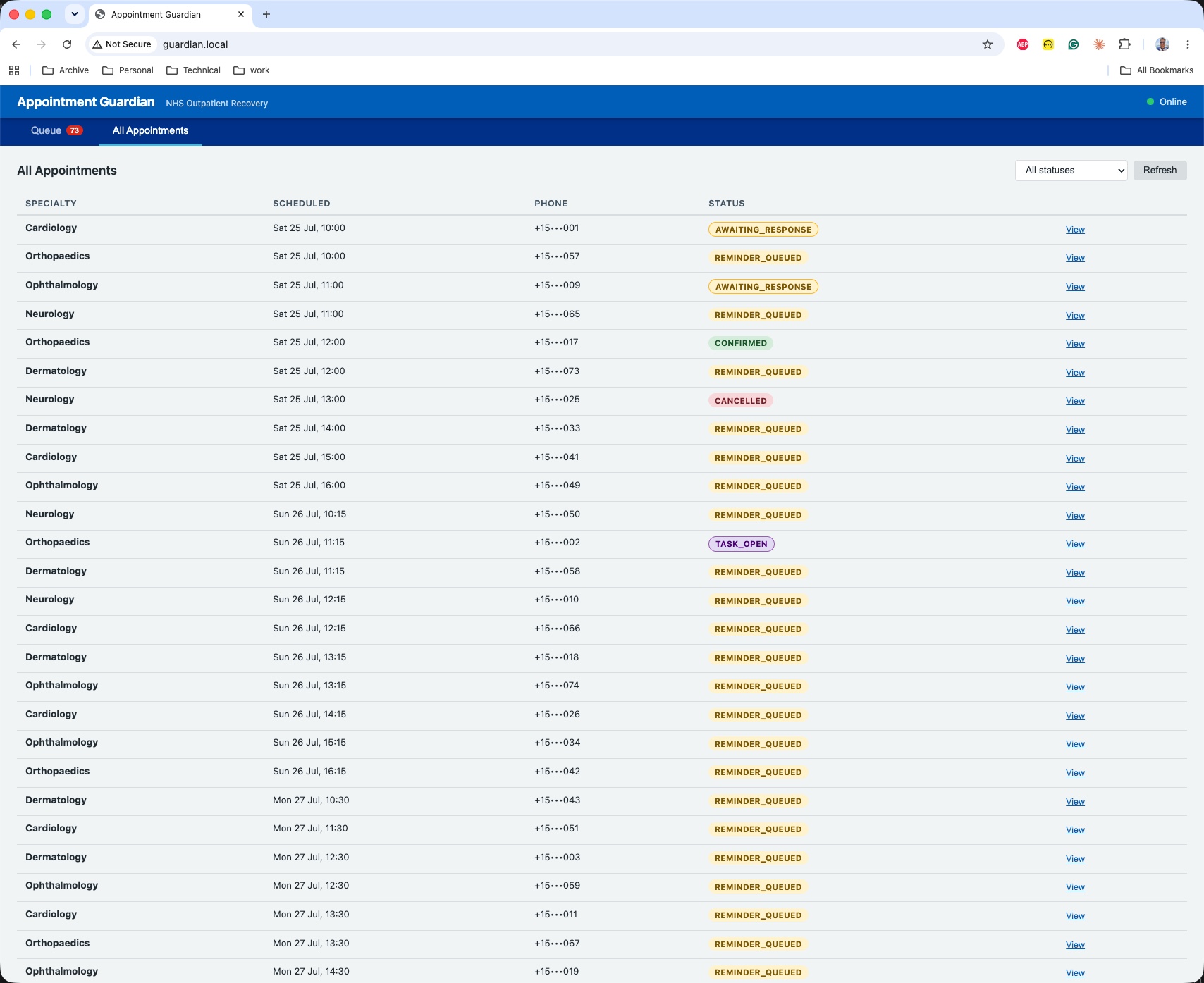 All Appointments tab at guardian.local showing 73 appointments with Queue badge, statuses including AWAITING_RESPONSE (amber), REMINDER_QUEUED (yellow), CONFIRMED (green), CANCELLED (red), and TASK_OPEN (purple)