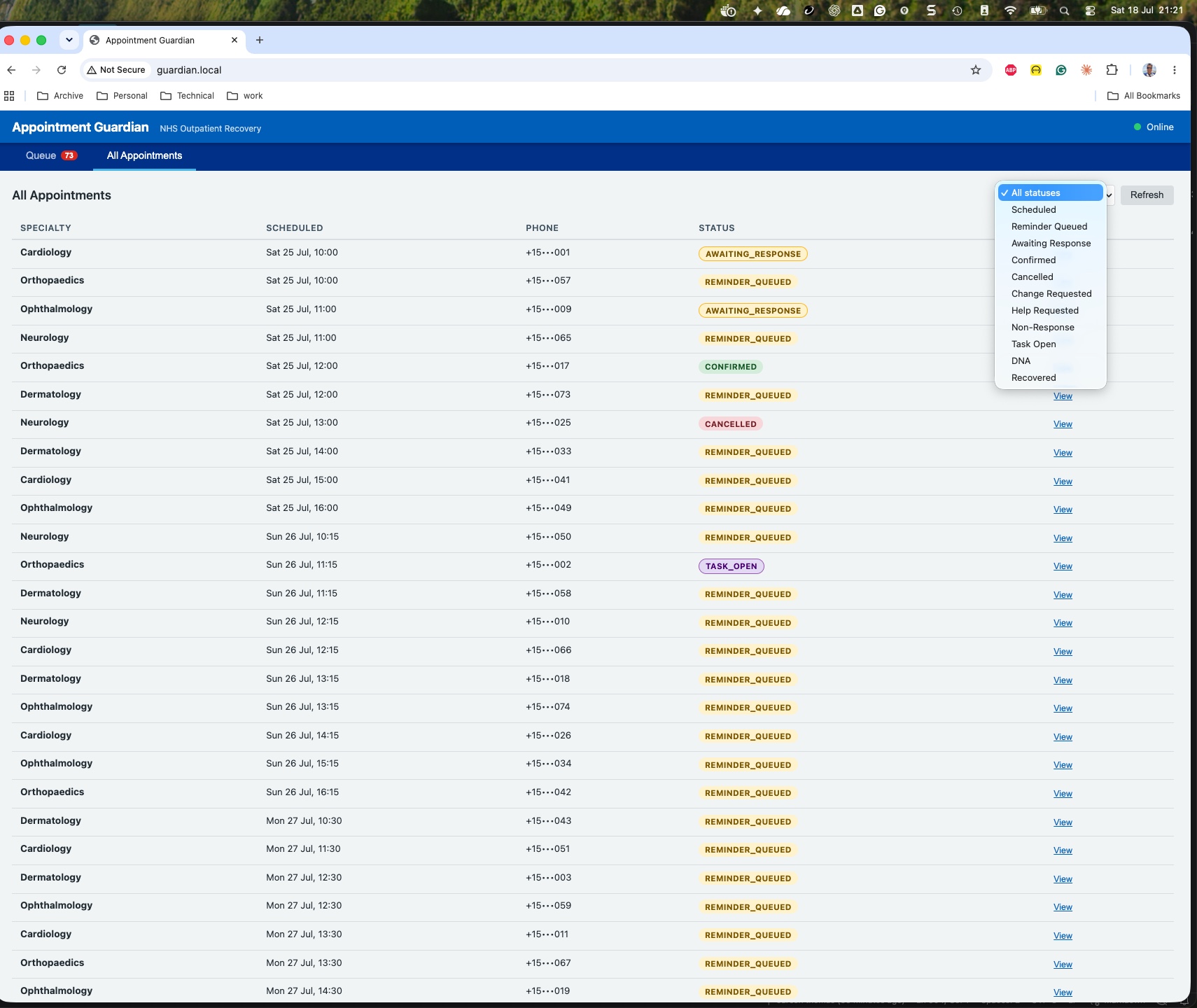 All Appointments tab with status filter dropdown open, listing: All statuses, Scheduled, Reminder Queued, Awaiting Response, Confirmed, Cancelled, Change Requested, Help Requested, Non-Response, Task Open, DNA, Recovered
