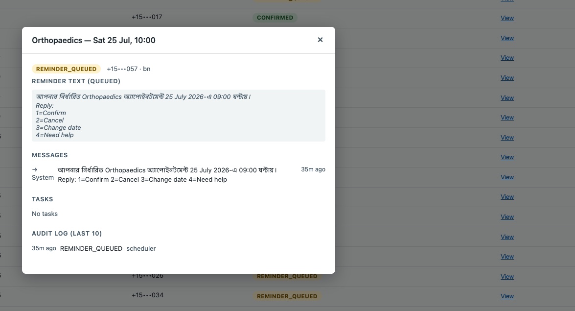 Detail modal for Orthopaedics (REMINDER_QUEUED, language: bn) — Bengali reminder in Bengali script: আপনার নির্ধারিত Orthopaedics আাপোইনটমেন্ট 25 July 2026-এ 09:00 ঘটায়, with Reply: 1=Confirm 2=Cancel 3=Change date 4=Need help