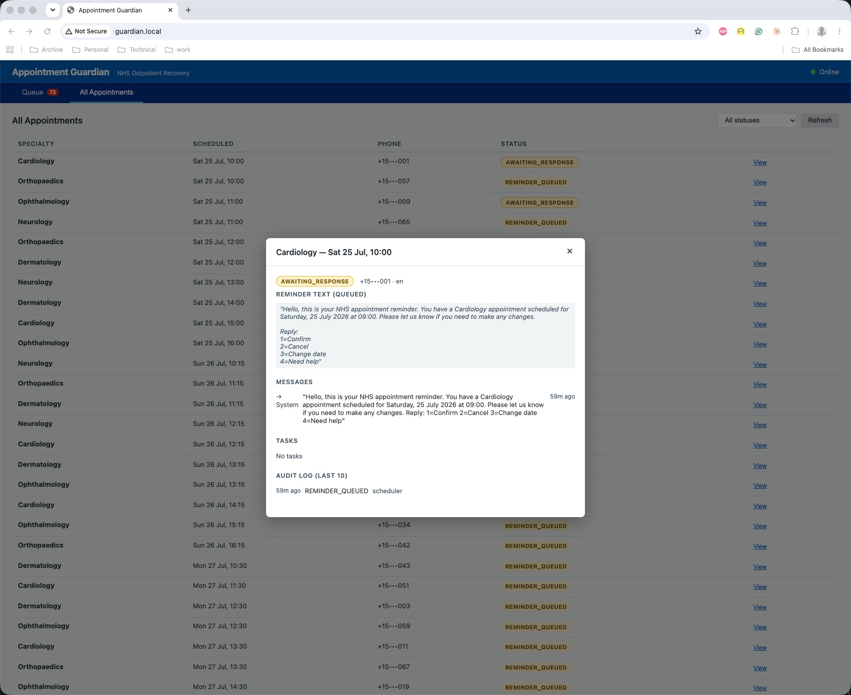 Detail modal for Cardiology (AWAITING_RESPONSE, language: en) — English reminder: "Hello, this is your NHS appointment reminder. You have a Cardiology appointment scheduled for Saturday, 25 July 2026 at 09:00. Reply: 1=Confirm 2=Cancel 3=Change date 4=Need help" — audit log: REMINDER_QUEUED by scheduler 59m ago