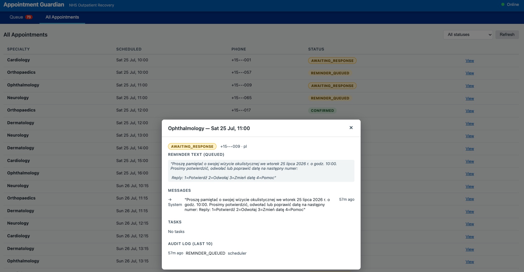 Detail modal for Ophthalmology (AWAITING_RESPONSE, language: pl) — Polish reminder: "Proszę pamiętać o swojej wizycie okulistycznej we wtorek 25 lipca 2026 r. o godz. 10:00." with Reply: 1=Potwierdź 2=Odwołaj 3=Zmień datę 4=Pomoc