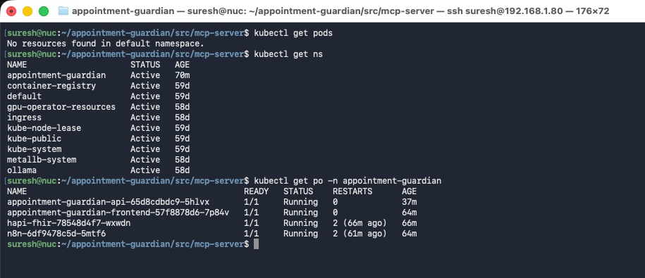 kubectl get pods output showing appointment-guardian-api, appointment-guardian-frontend, hapi-fhir, and n8n all in Running state with 0 restarts, alongside kubectl get ns confirming the appointment-guardian, ollama, metallb-system, and ingress namespaces