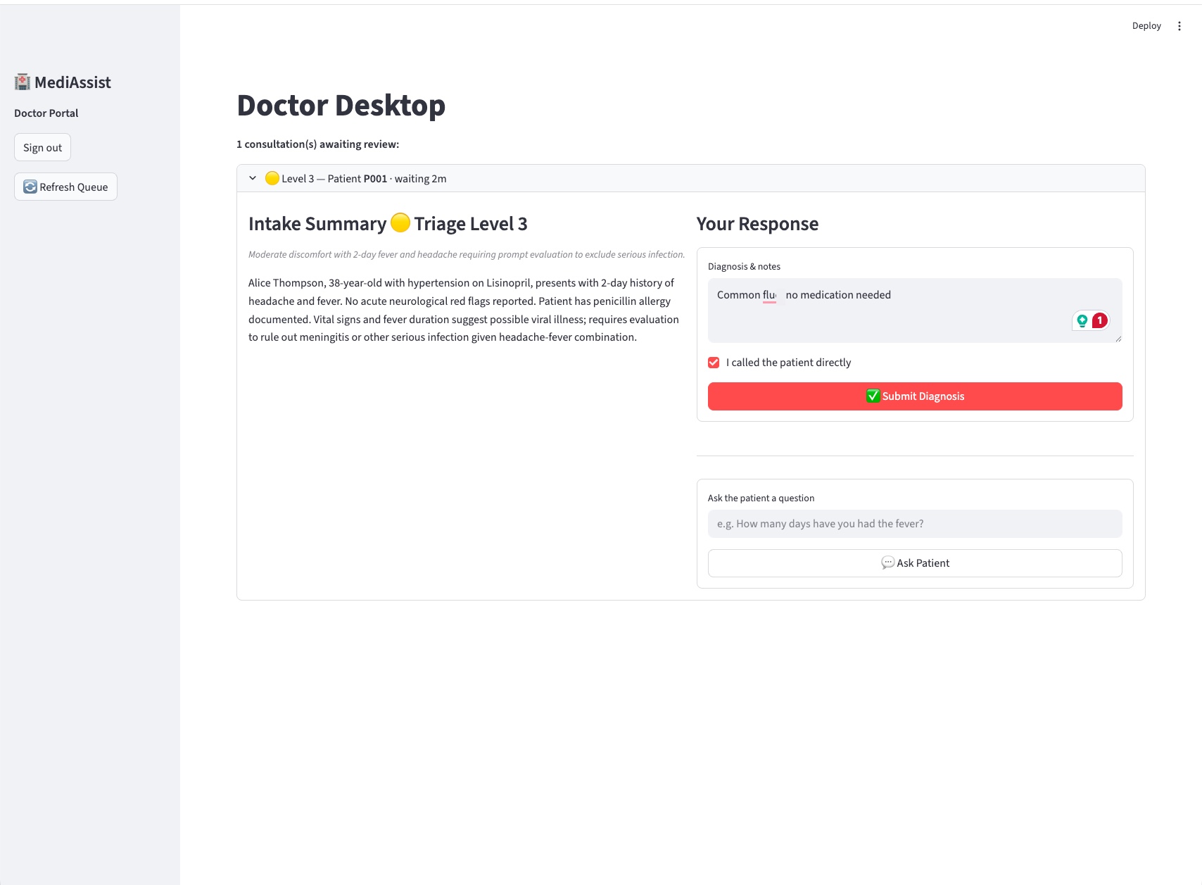 Doctor desktop — intake summary and response panel