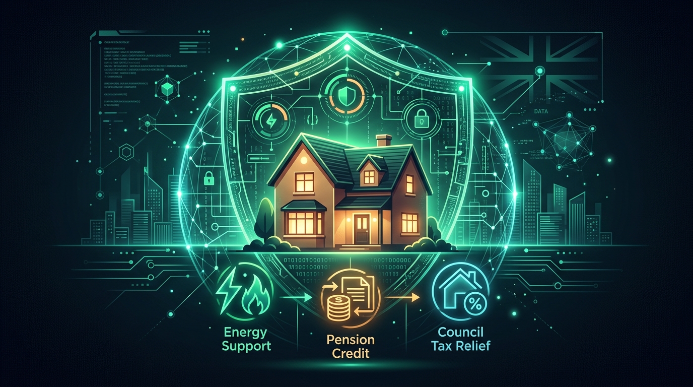 Household Support Navigator hero illustration — a digital duty-of-care shield protecting a warm family home with clear indicators for energy support, Pension Credit, and Council Tax relief in a sleek UK tech style