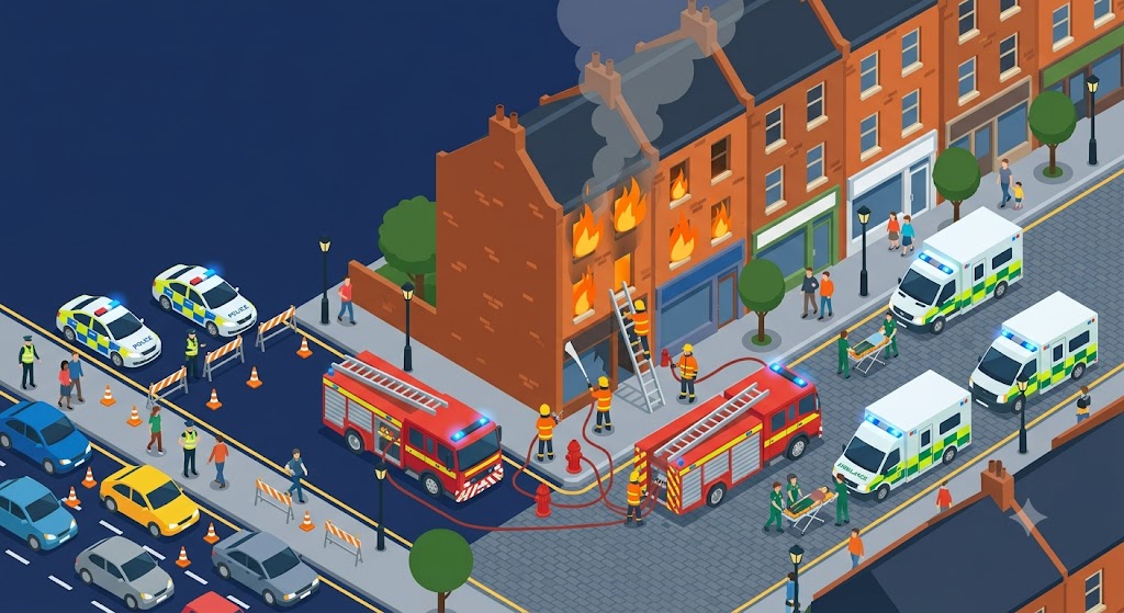 Fictional emergency response scene — isometric illustration of a 3-storey building fire with fire engines, ambulances, and police vehicles coordinating in an urban London setting
