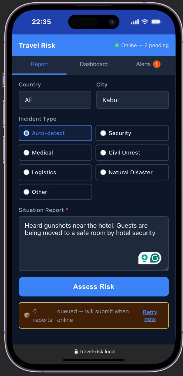The incident report form on a real iPhone — Country: AF, City: Kabul, Incident Type: Auto-detect. The situation report reads "Heard gunshots near the hotel. Guests are being moved to a safe room by hotel security." Time: 22:35.