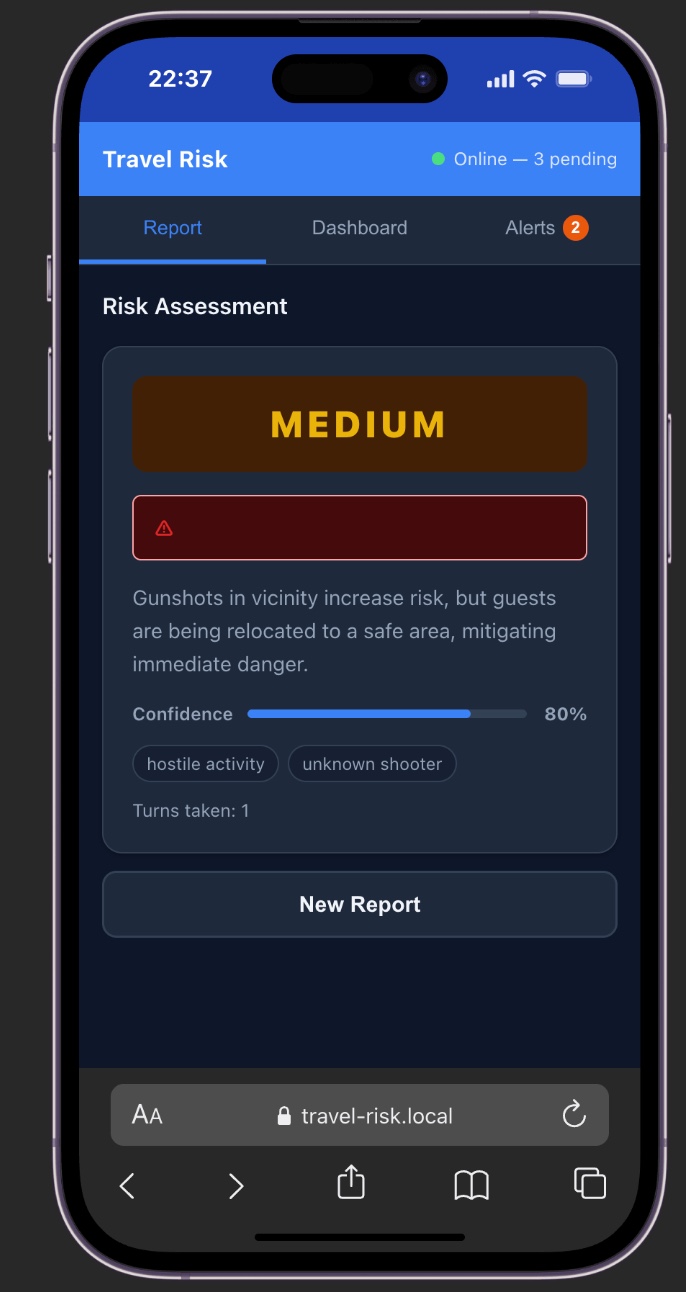 The verdict on an iPhone two minutes after submission — MEDIUM, 80% confidence. "Gunshots in vicinity increase risk, but guests are being relocated to a safe area, mitigating immediate danger." Flags: hostile activity, unknown shooter. Turns taken: 1.
