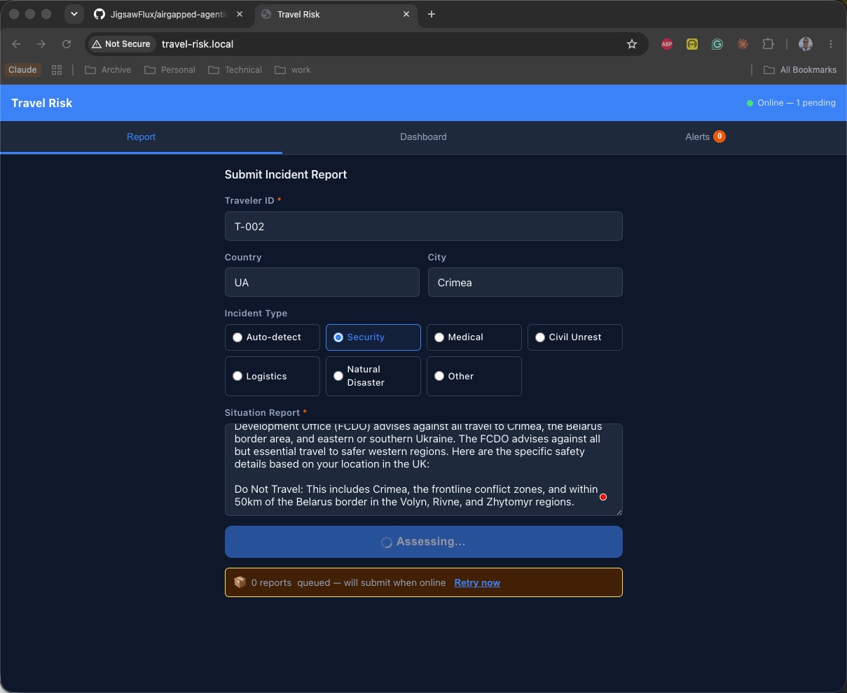 The 'Assessing...' state while the agentic loop runs. Traveler T-002 has submitted a security incident in Crimea, Ukraine. The form is locked while the LLM processes the report.