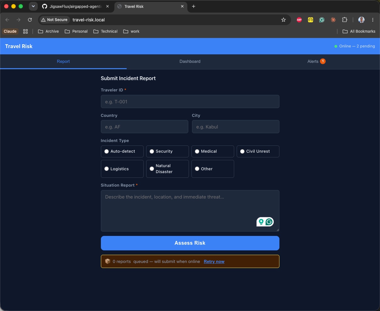 The Report tab form — traveler ID, country, incident type radio buttons, and free-text description. The sync status bar at the bottom shows the offline queue depth.