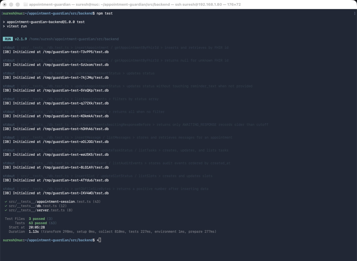 Backend vitest output on the NUC: 63 tests passed across 3 files — appointment-session.test.ts (43 tests), db.test.ts (12 tests), server.test.ts (8 tests). Duration 1.13s.