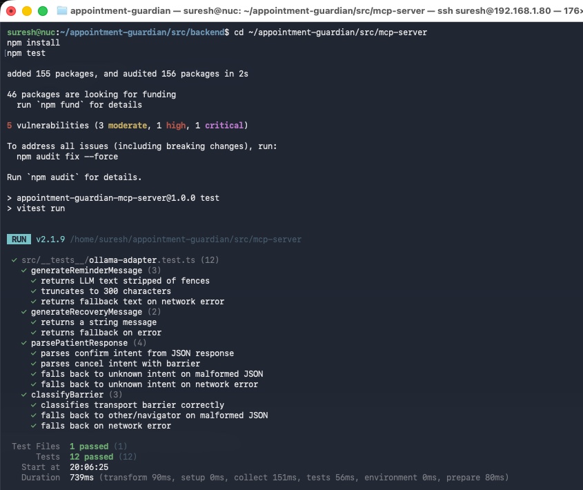 MCP server vitest output on the NUC: 12 tests passed — generateReminderMessage (3: returns LLM text stripped of fences, truncates to 300 characters, returns fallback text on network error), generateRecoveryMessage (2), parsePatientResponse (4: including "falls back to unknown intent on malformed JSON" and "falls back to unknown intent on network error"), classifyBarrier (3: including "falls back to other/navigator on malformed JSON"). Duration 739ms.