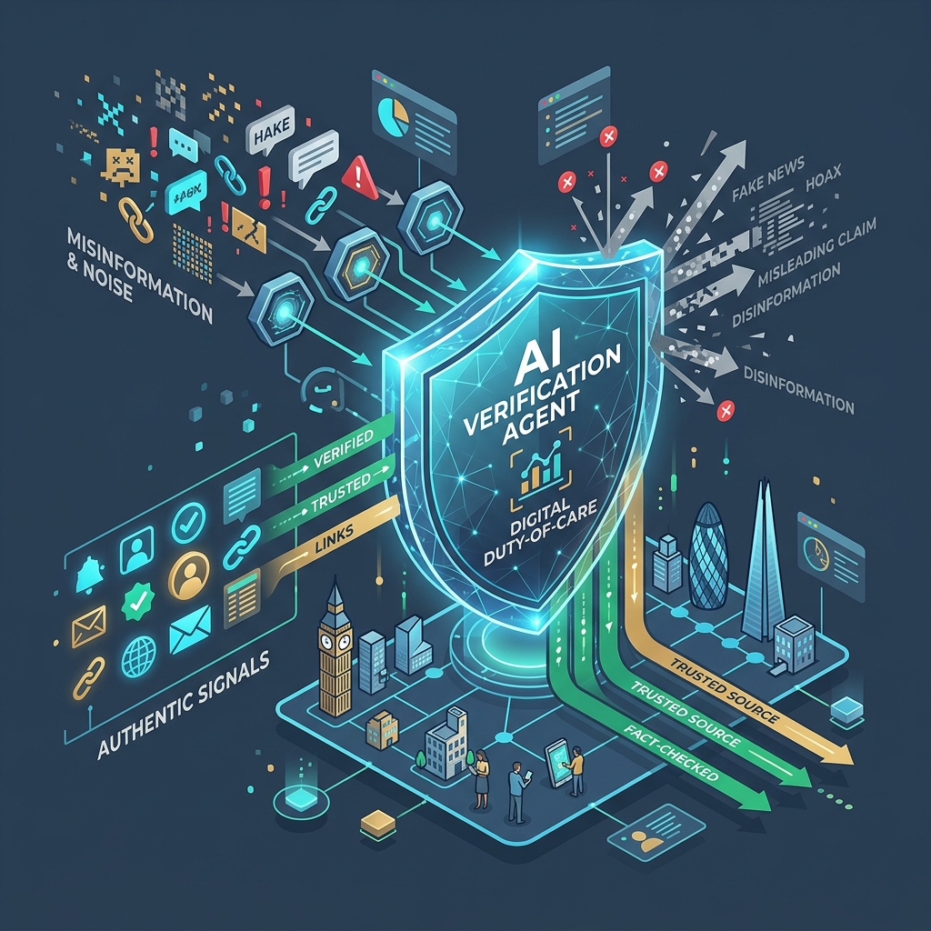 AI Verification Agent hero image — digital duty-of-care shield inspecting incoming messages and links, distinguishing authentic signals from digital noise and misinformation in a sleek UK tech style