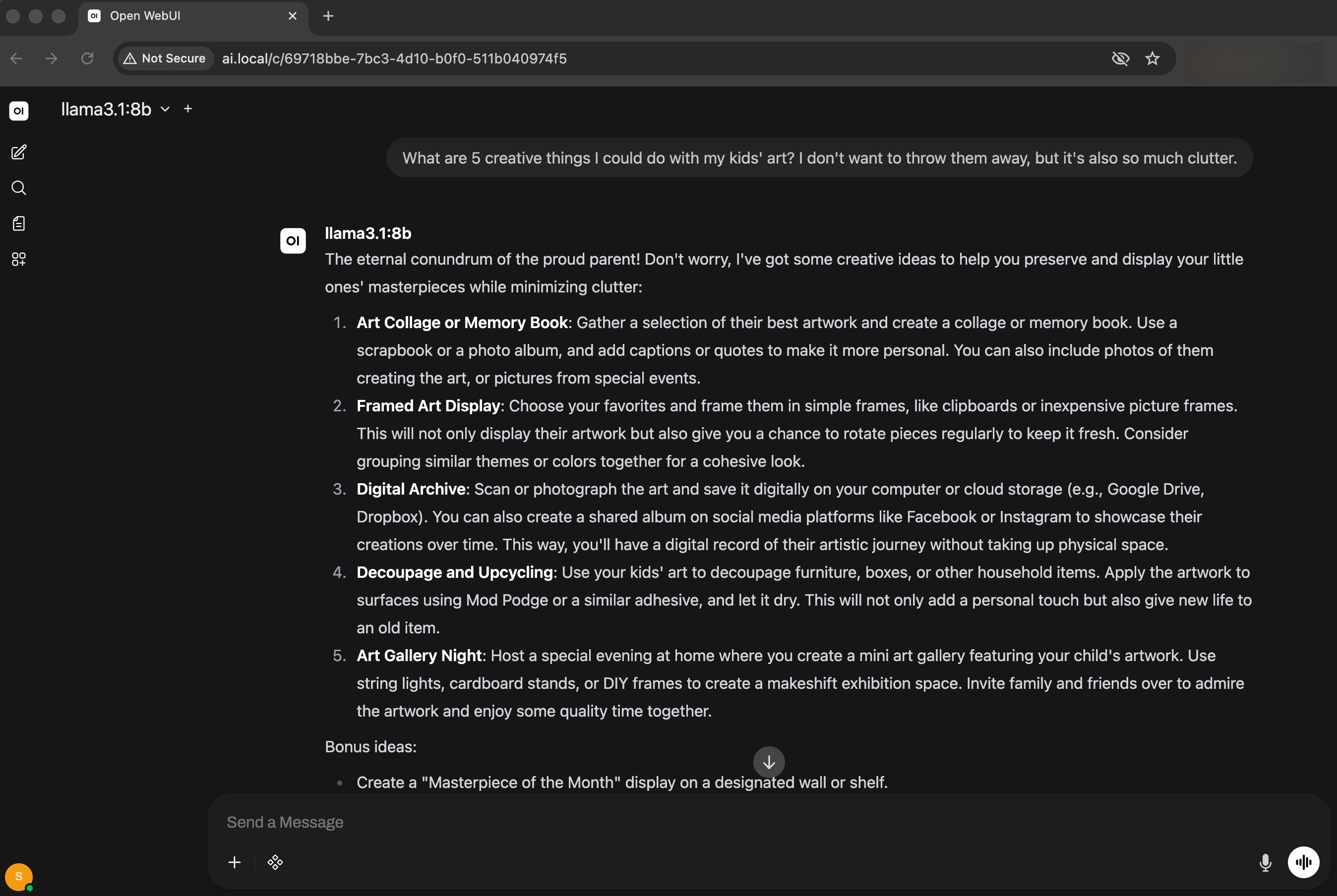 Open-WebUI running at ai.local with llama3.1:8b responding to a question about kids' art
